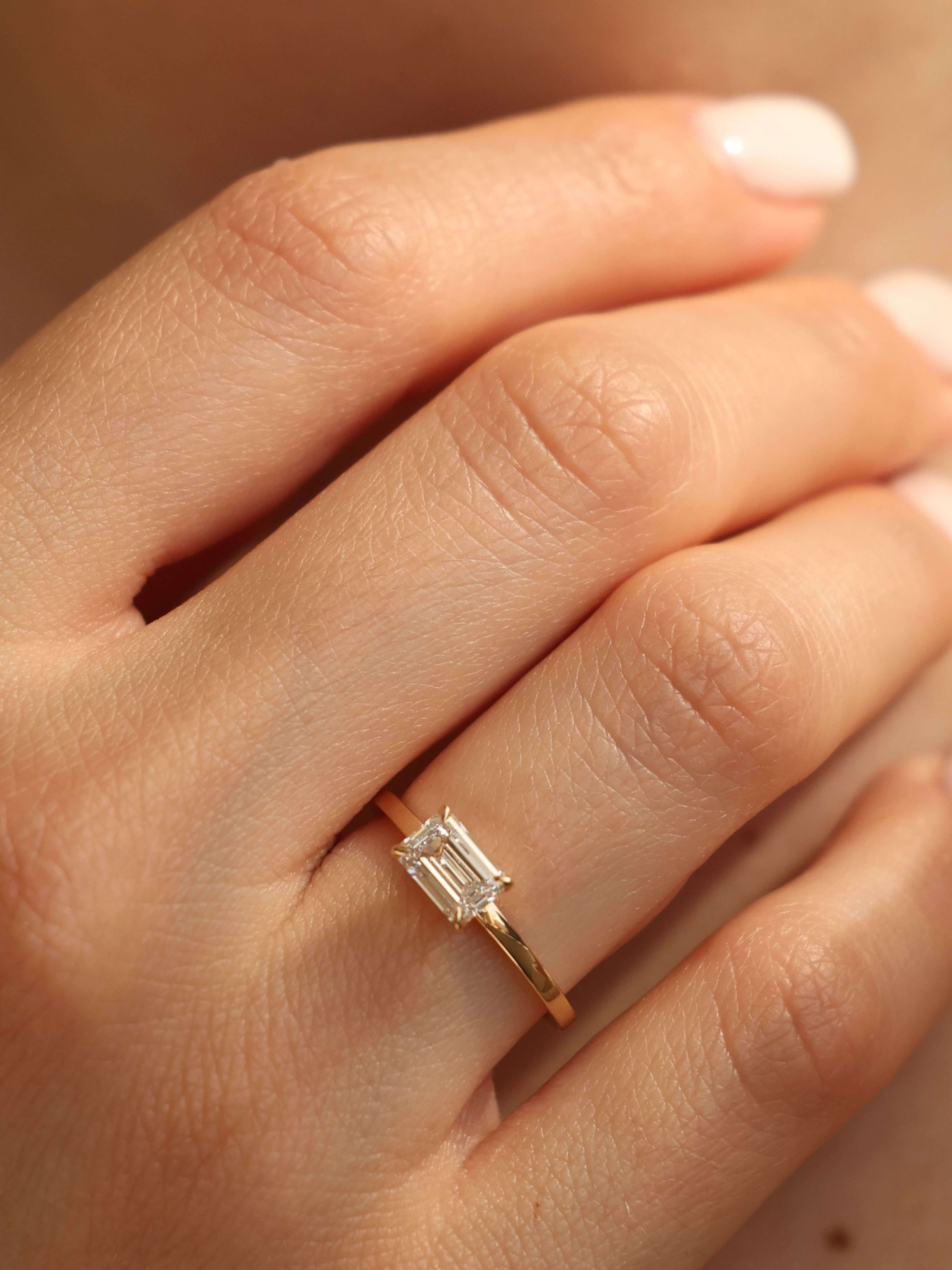 Classic Emerald Cut E-W Ring on hand