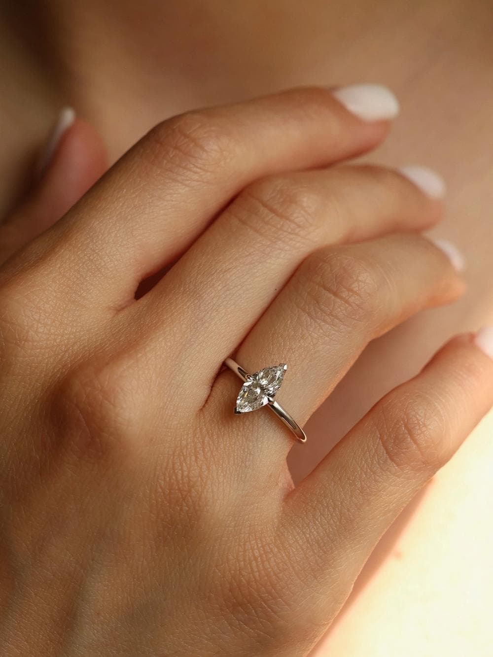 Classic Marquise Cut Ring on hand white gold